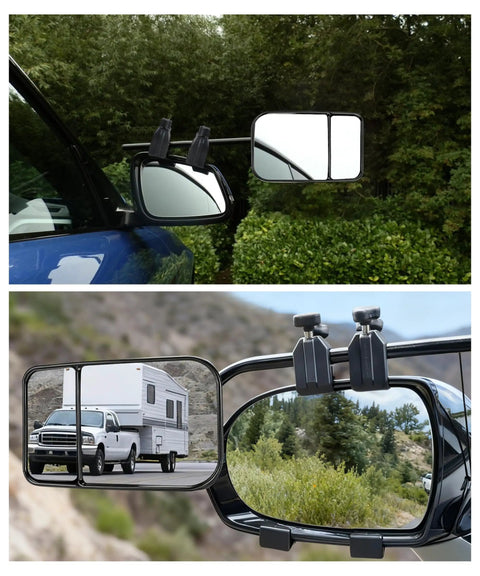 2 Pack Universal 360 Degree Adjustable Tow Mirrors for Trucks SUVs RVs and Trailers attached to a vehicle, reflecting landscape