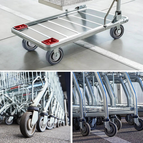 Four Pack 5 Inch Shopping Cart Replacement Wheels Kit with axles and carbon steel bearings on grocery carts