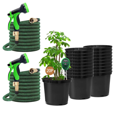 5 Gallon Nursery Pots 20 Pack With 50 Foot Garden Hose And Spray Nozzle Plus 3 In 1 Soil Tester Moisture Light pH Kit