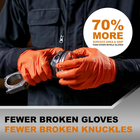 Extreme Duty Orange Nitrile Gloves With 8 Plus Mil Thickness And Textured Non Slip Grip Built Tough As Nails For Mechanics And Tradesmen Powder Free Latex Free Industrial Work Gear That Handles The Rough Stuff used for handling mechanical parts.