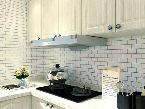 Modern kitchen with 5 Sheet Peel And Stick Backsplash Tiles 12 By 12 Inch Subway 3D Wall Panels In White With Gray Grout above stove.