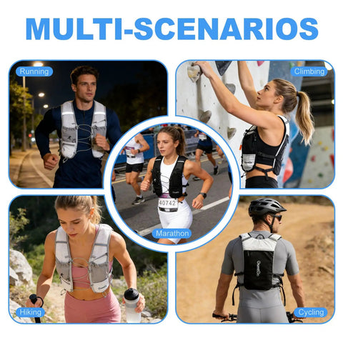Unisex Hydration Running Vest With Adjustable Chest Straps, Lightweight Nylon Gear For Marathon, Jogging, And Hiking, 1.5L Water Bladder Not Included, 200g Lightweight Build, Gray Color shown in various activities