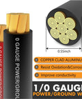 1/0 Gauge CCA Power And Ground Wire Kit 40 Ft Total 20 Ft Red 20 Ft Black close-up showing copper clad aluminum strands