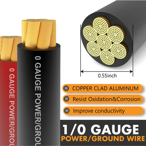 1/0 Gauge CCA Power And Ground Wire Kit 40 Ft Total 20 Ft Red 20 Ft Black close-up showing copper clad aluminum strands