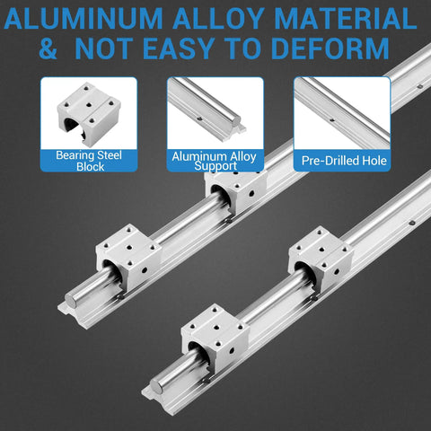 Aluminum Alloy Linear Guide Rail Kit 2 Pack SBR 16 800mm Round Rails For Smooth Motion with bearing steel blocks and pre-drilled holes.