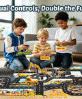 Children playing with Three Piece Remote Control Construction Set With 1:64 Excavator, Dump Truck, And Forklift on play mat.