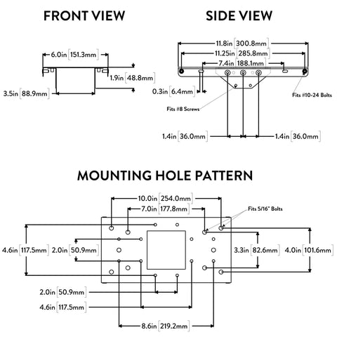 Diagram showing dimensions of Galvanized Steel 4x4 Adapter Plate for Post Mount Mailboxes 7540B-10 Black with multiple bolt hole patterns.