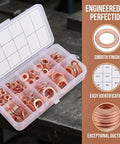 200 Piece Copper Crush Washer Set Metric Assortment With 9 Sizes For Oil Water And Fuel Lines Durable Copper Flat Washers With High Conductivity And Heat Tolerance Seals Tight And Prevents Leaks For DIY Projects. Open case with assorted copper crush washers, M8-M16