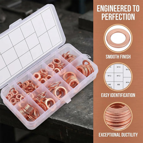 200 Piece Copper Crush Washer Set Metric Assortment With 9 Sizes For Oil Water And Fuel Lines Durable Copper Flat Washers With High Conductivity And Heat Tolerance Seals Tight And Prevents Leaks For DIY Projects. Open case with assorted copper crush washers, M8-M16