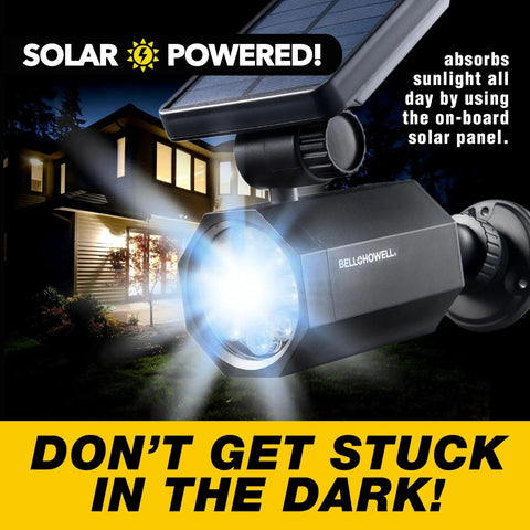 Bionic Spotlight Solar Motion Light For Outdoors 25 Feet Coverage, illuminating a driveway with motion-activated LED light at night