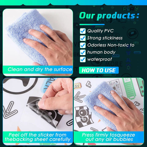 Steps for applying White And Black 56 Piece Gamer Wall Decal Set, showing cleaning, peeling, and pressing stickers on surface.
