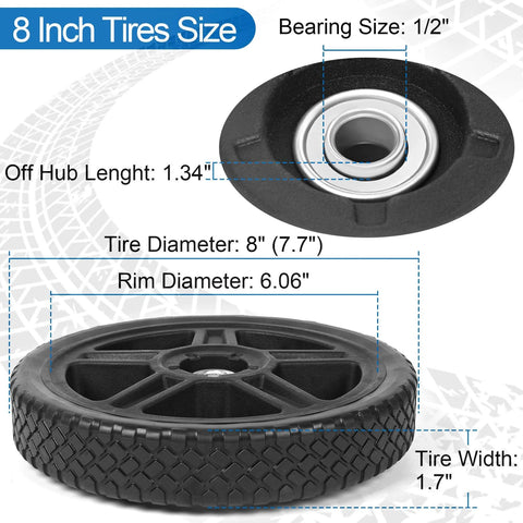 8 Inch Lawn Mower Wheels Kit DIY Friendly Universal 8 Inch Push Mower Wheels With 1/2 Inch Bearing Bolts And Nuts Plastic Replacement Tires For Most Standard Garden Tiller Pressure Washer Hand Truck 2 Pack shown with measurements