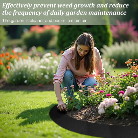 Person using 2 Pack Felt Mulch Roll For Landscaping 120 Inch By 5.9 Inch Cuttable Garden Edging Border With 20 U Shaped Stakes Weed Barrier Mat Keeps Weeds At Bay And Durable PE Backing For Flower Beds Lawns And Pathways
