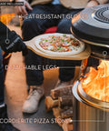 Bonfire Pi Fire Pizza Oven Accessory with Cordierite Pizza Stone and wood-fired pizza in front of a fire pit