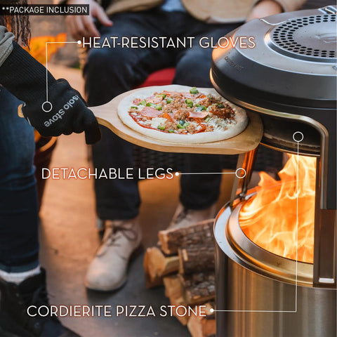 Bonfire Pi Fire Pizza Oven Accessory with Cordierite Pizza Stone and wood-fired pizza in front of a fire pit