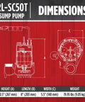 Diagram showing dimensions of Beefy One Half HP 115V Cast Iron Sump Pump With Tethered Float Switch 4300 GPH, including height, length, width, and weight.
