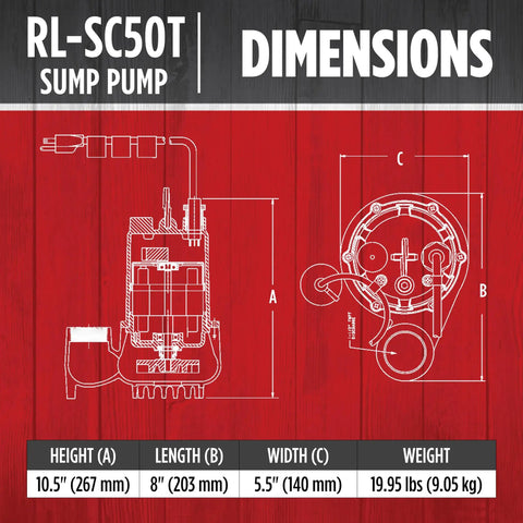 Diagram showing dimensions of Beefy One Half HP 115V Cast Iron Sump Pump With Tethered Float Switch 4300 GPH, including height, length, width, and weight.