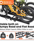 Beefy Ebike Rack With Ramp for 2 Inch Hitch, 300 Lb Capacity, Fits Bikes Up To 5 Inch Wide And 52 Inch Wheelbase, Stable V Shaped Design, Easy Load And Safe Transport holding two fat-tire e-bikes