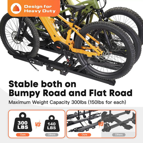 Beefy Ebike Rack With Ramp for 2 Inch Hitch, 300 Lb Capacity, Fits Bikes Up To 5 Inch Wide And 52 Inch Wheelbase, Stable V Shaped Design, Easy Load And Safe Transport holding two fat-tire e-bikes