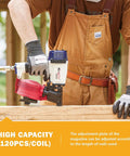 Badass Heavy Duty Roofing Nail Gun Built With Heat Treated Alloy Nose For Serious Shingle Installations And Residential Builds That Delivers Sick Performance On Every Busy Job Site Project in use adjusting magazine.