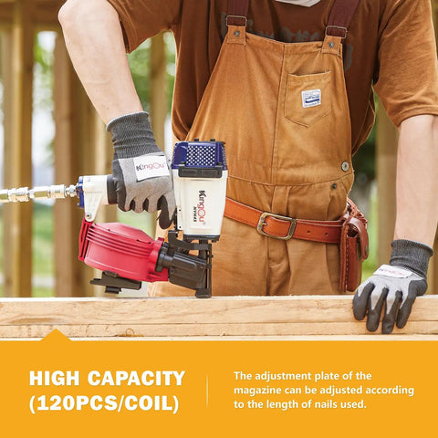 Badass Heavy Duty Roofing Nail Gun Built With Heat Treated Alloy Nose For Serious Shingle Installations And Residential Builds That Delivers Sick Performance On Every Busy Job Site Project in use adjusting magazine.