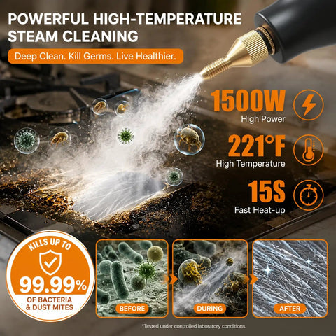 Jarguuo 1500W Handheld Steam Cleaner Boasts Rapid 15 Second Heat Up With 221 Degree High Temp Steam For Effortless Grease Removal featuring high power steam tackling dirt.