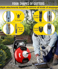 Heavy Duty Electric Drain Auger With Sharp Rotary Blades And Foot Switch For Smashing Backed Up Lines In One To Four Inch Pipes Using Tangle Free Steel Core Snake showing four cutter attachments.