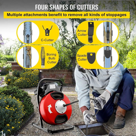 Heavy Duty Electric Drain Auger With Sharp Rotary Blades And Foot Switch For Smashing Backed Up Lines In One To Four Inch Pipes Using Tangle Free Steel Core Snake showing four cutter attachments.