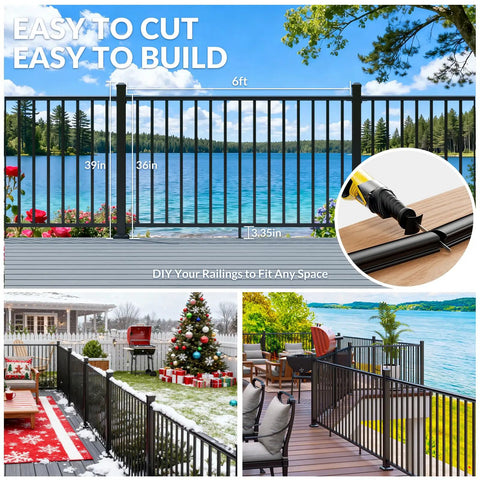 36 Inch Aluminum Deck And Porch Railing Kit With 6 Foot Modular Rail System In Bold Black Textured Powder Coat AAMA 2604 Finish Includes One Post And One Panel For Outdoor Decks Porches Balconies And Stairs