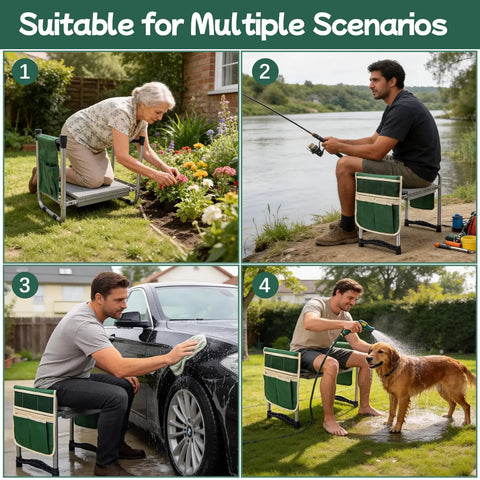 Heavy Duty Garden Kneeler And Seat With 11.5 Inch Wide Pad used for gardening, fishing, car washing, and pet grooming, foldable stool, side view.