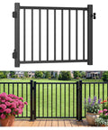 4 Ft Aluminum Deck Gate Kit for 36 Inch High Railings with Anti Sag Design, shown in detail and installed on a patio.