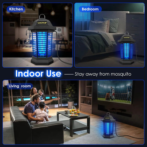 Indoor settings showing Outdoor Bug Zapper That Actually Works 4200V Electric Mosquito Killer With 3 Prong Plug in kitchen, bedroom, living room.