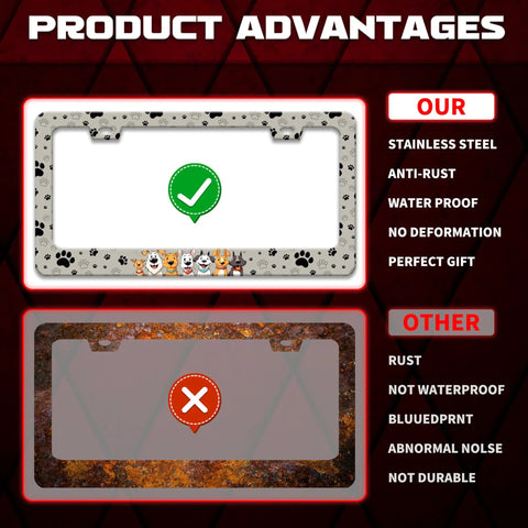 Comparison of Personalize Dog License Plate Frame With Paw Prints and a competitor frame highlighting benefits.
