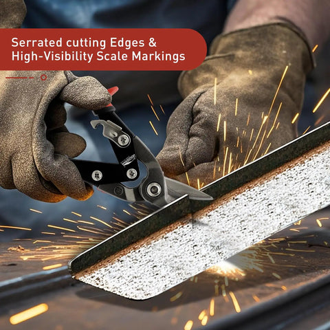 Straight Up Heavy Duty Aviation Tin Snips Set Delivers Ten Inch Straight Left And Right Cut Blades Etched With Precise Scale Marks Rock Solid CRMO Steel Construction For Quick Metal Sheet Trimming Jobs