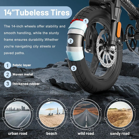 Foldable Electric Bike For Adults And Teens With 750W Peak Motor, 48V 10Ah Removable Battery, featuring 14" tubeless tires for various terrains.