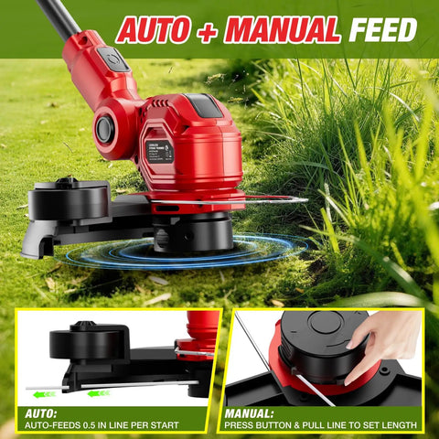 Cordless String Trimmer for Milwaukee M18 Battery, 12-Inch Weed Wacker With Auto Line Feed shown trimming grass.