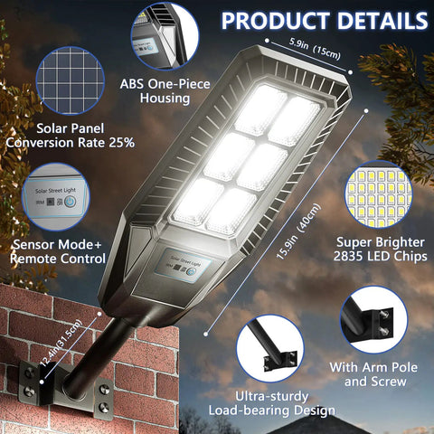 Solar Street Light Outdoor 300W Two Pack 25000 Lumens IP66 Waterproof Flood Light with Dusk to Dawn Motion Sensor details