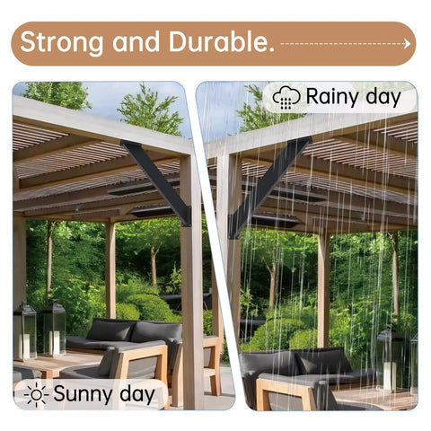 Eight Piece 45 Degree Pergola Brackets Heavy Duty Steel Connectors For 4x4 Posts Black Powder Coated shown in sunny and rainy conditions