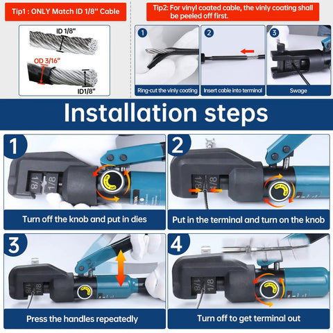 Installation steps for Hydraulic Hand Crimper For Stainless Steel Cable Railing Fittings One Eighth Inch Cable Swaging Tool.