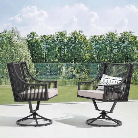 Outdoor Swivel Dining Chairs Set Of 2 With Cushions All Weather Wicker Patio Chairs Made From Twisted PE Rattan Metal Frame Swivel Seats For Lawn Or Garden Black And Light Gray, chairs shown in side profile on patio with trees in background.