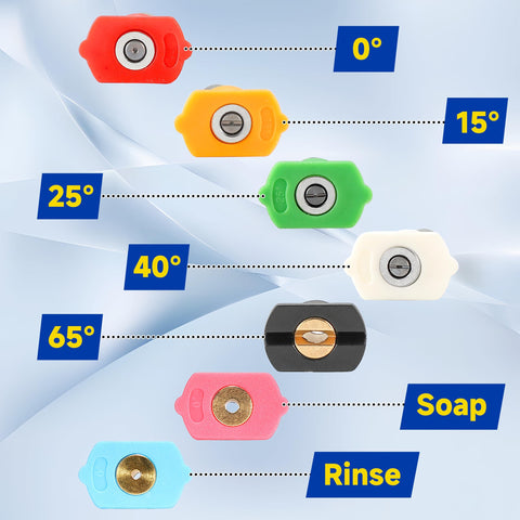 Pressure Washer Nozzle Tips Kit Seven Pack With One Quarter Inch Quick Connect For Power Washers Two Point Five GPM Includes 0 Degree 15 Degree 25 Degree 40 Degree 65 Degree Nozzles Rinse And Soap Modes