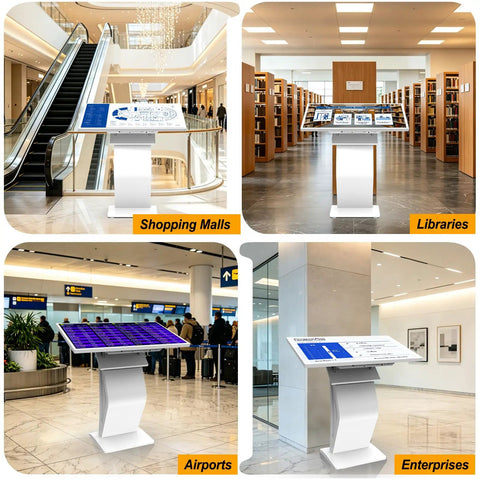 Ready To Roll 43 Inch Windows 11 Touch Kiosk in shopping malls, libraries, airports, and enterprises, offering premium performance.