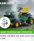 12V Fuel Pump Replacement For FD501D FD620D Compact Tractors in front of riding mower with text 'Wide-Temperature Operation'