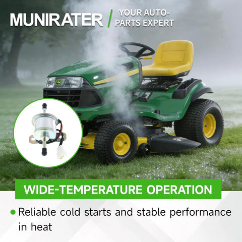 12V Fuel Pump Replacement For FD501D FD620D Compact Tractors in front of riding mower with text 'Wide-Temperature Operation'