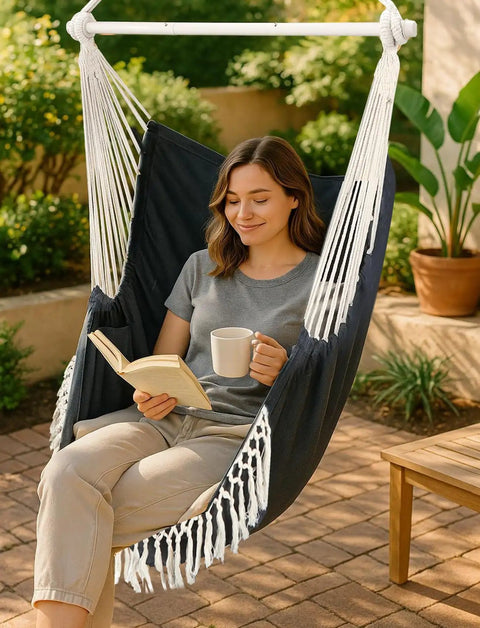 Hammock Chair Swing With Steel Spreader Bar Supports Up To 500 Lbs Two Cushions Included Portable Hanging Chair outdoor use
