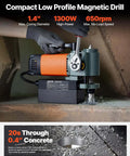 VEVOR compact low-profile magnetic drill press; orange motor, steel body, front view.