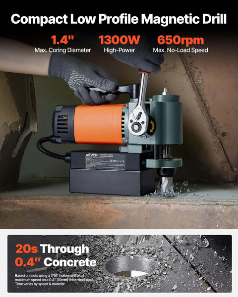VEVOR compact low-profile magnetic drill press; orange motor, steel body, front view.