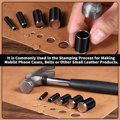 Five Piece Leather Hole Punch Set With Round Cutter Kit for DIY Crafting Tools, shown with 5 metal punches for leather and paper.