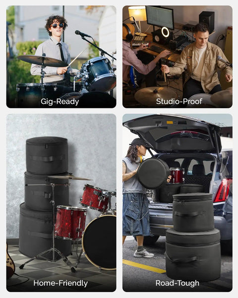 Superior Grade Five Piece Padded Drum Case Set Featuring Hella Heavy Duty Construction For 22 Inch Kick 12 And 13 Inch Rack Toms 16 Inch Floor Tom And Snare Pro Gear stacked in storage and being loaded for transport.