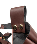 Detail of Badass Brown Leather Belt Pouch For Medieval Renaissance And Viking Larp with snap buttons and drawstring opening.